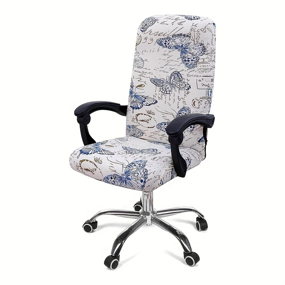 Elastic printed office chair cover with zipper, washable and dustproof for universal office rotating chairs. Perfect for bedroom, study, or office room decoration.