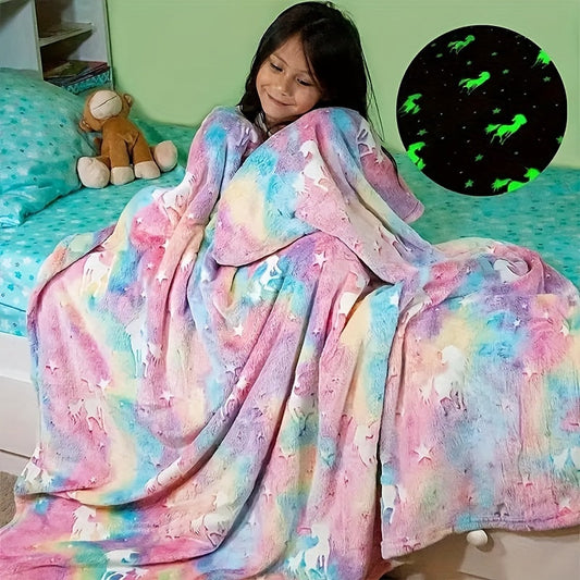 Rainbow-colored Unicorn Printed Throw Blanket - Perfect for Sofa, Couch, Office, Bed, Camping, and Travelling. This soft flannel blanket is a multi-purpose gift for all seasons.