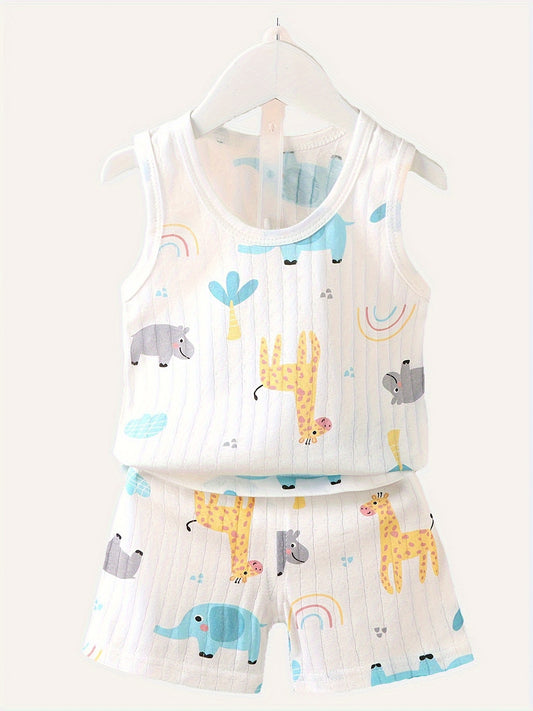 Kids' Cartoon Bear Print Cotton Underwear Set, Cute Style, Crew Neck Sleeveless Top and Shorts, Boys Summer Outfit