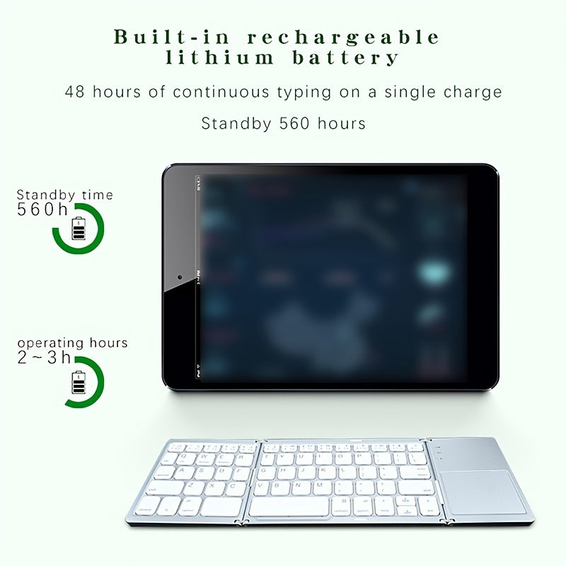 Portable and rechargeable wireless keyboard with touchpad, compatible with iPad Air 2, Windows 10, and Android devices. 81 keys, lightweight design, and durable construction.