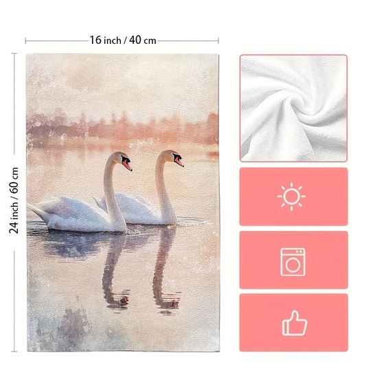 Two ultra soft kitchen towels featuring a serene swan lake scene in watercolor style. These highly absorbent and machine washable dish hand towels measure 40.64x60.96 cm. Perfect for holiday decor and drying dishes.