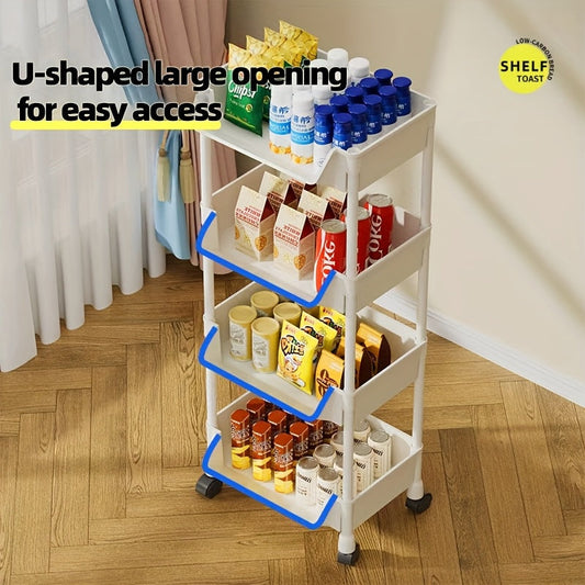 5-tier plastic baker's rack with wheels, cubby shelf storage organizer for different types of rooms, easy floor mount setup with no assembly necessary.