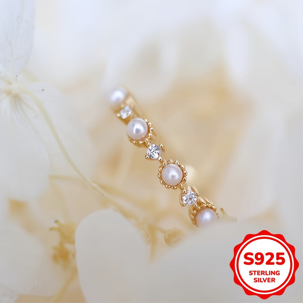 Elegant Gift for Women: 1.6G S925 Sterling Silver Minimalist Ring with Natural Pearl and Small Zirconia on a Gold-Plated Band, Perfect for Valentine's Day or Birthday Party