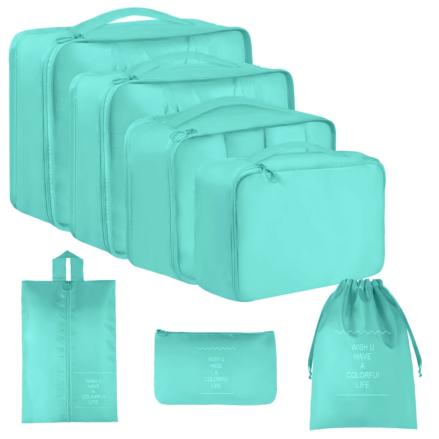 7-piece set of polyester travel organizer bags for large capacity luggage sorting and clothes storage.