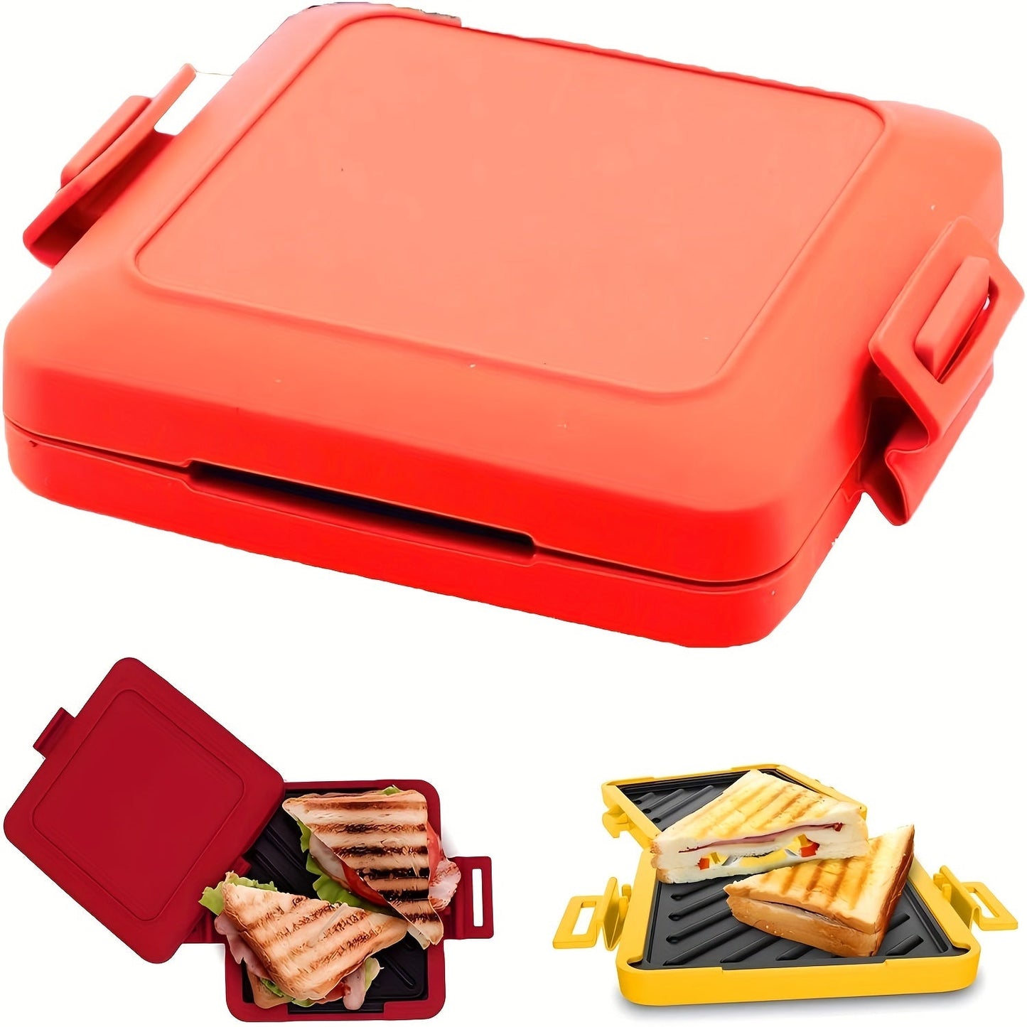 One piece Silicone Sandwich Maker featuring a removable non-stick surface, adjustable silicone straps for microwave toasting, dishwasher safe, no need for electricity, made of PFOA-free material, includes a lid.