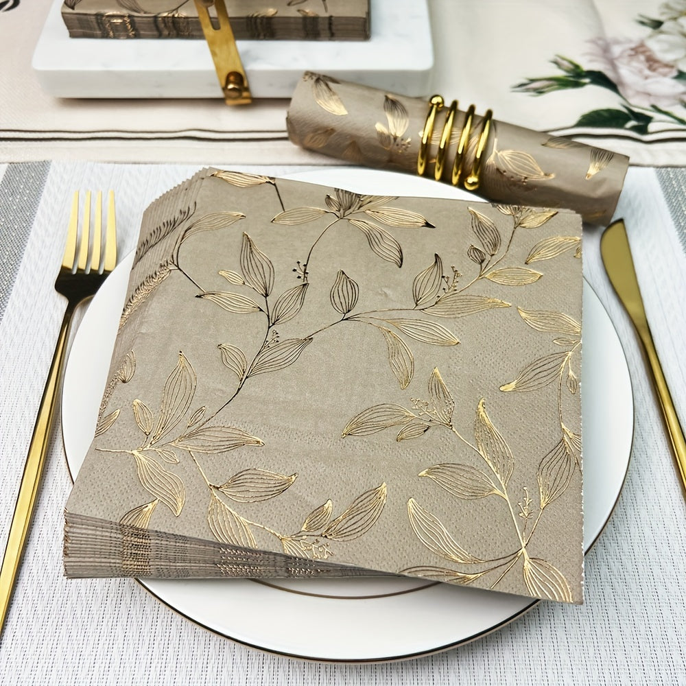 Set of 20 Elegant Disposable Napkins with Golden Leaf Pattern - 33.02cm x 33.02cm Square Paper Placemats Perfect for Weddings, Birthdays, Parties | Festive Table Decor featuring Gilded Floral Design, Paper Napkins