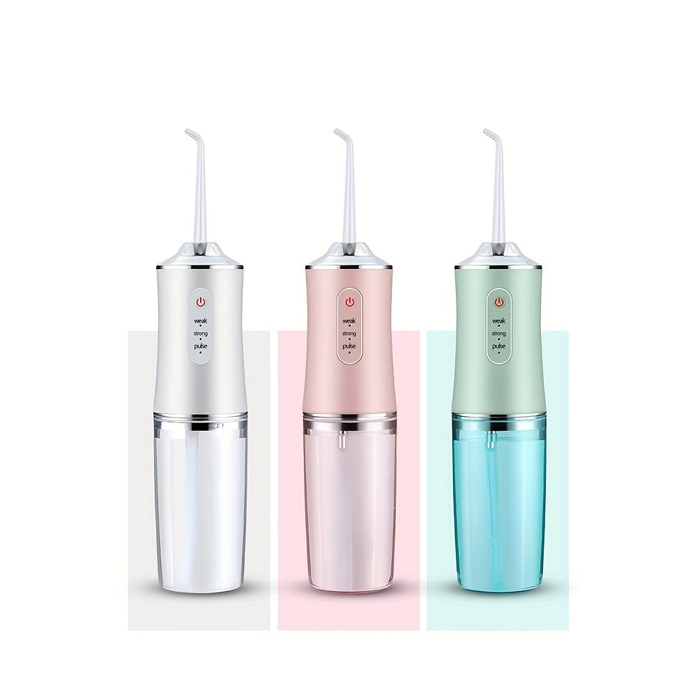 Portable rechargeable water flosser with 3 modes and 4 nozzle functions for dental hygiene on-the-go.