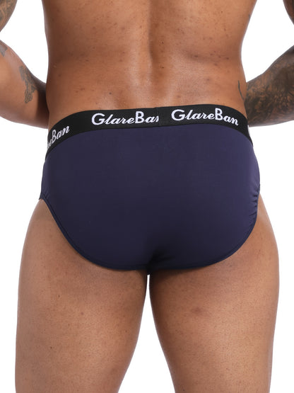 3 pack of men's underwear in dark gray, navy blue, and black with "GLAWNBAN" waistband, made of comfortable polyester blend. Stretchy, breathable, and supportive. Machine washable with