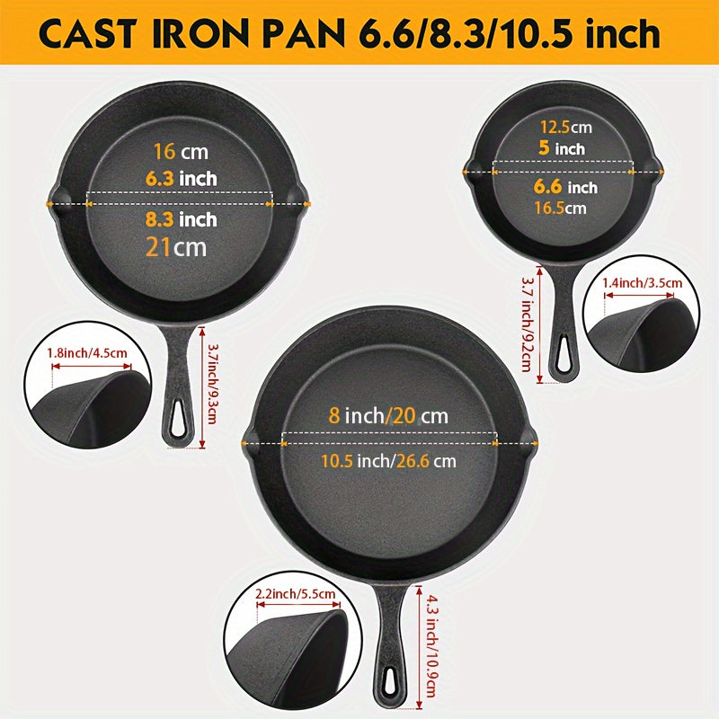 Set of 3 Preseasoned Cast Iron Skillets - Hand Wash Only, Durable Cookware with Heat-Resistant Handles for Frying, Baking, Stir-Frying - Oven Safe, PFOA & Cadmium Free - Sizes: 15.24cm, 20.32cm, 25.4cm