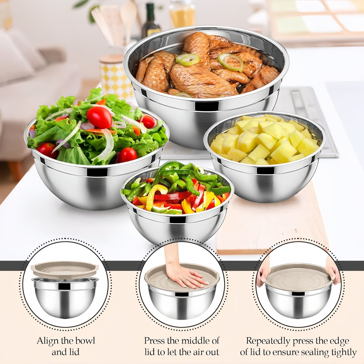 Get ready for any holiday meal with this complete set of 15 stainless steel mixing bowls, each with airtight lids for storage. The set includes 3 grater attachments for added versatility. These rust-resistant metal bowls are dishwasher safe and ideal for