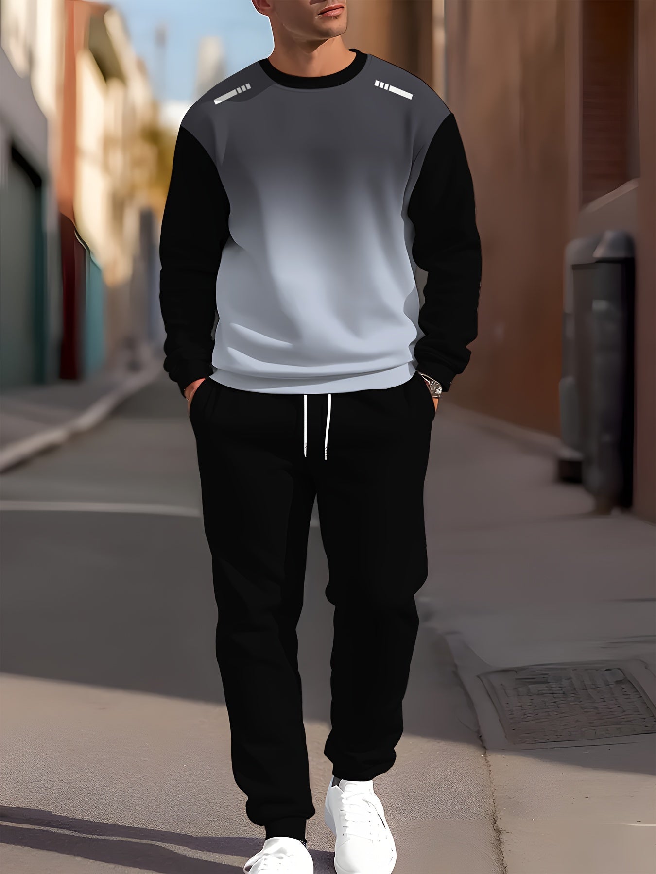 Men's Gradient Color Blocking Long Sleeve Sweatshirt + Sweatpants Set, Casual Sports Gift