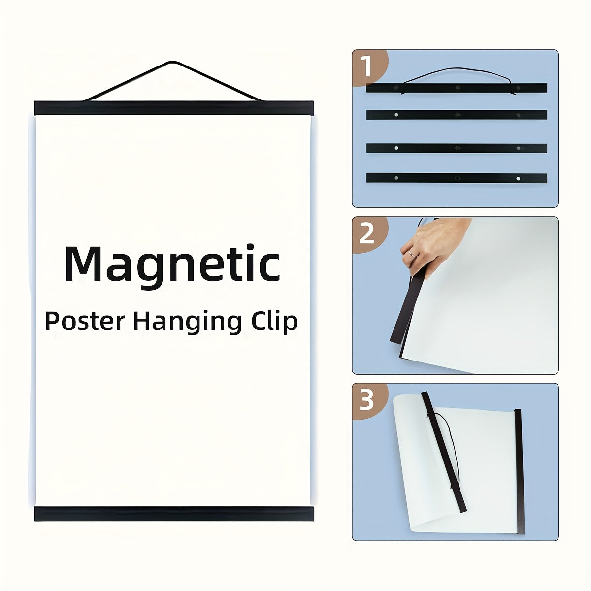 Wooden magnetic clips for hanging posters, canvases, and photos.