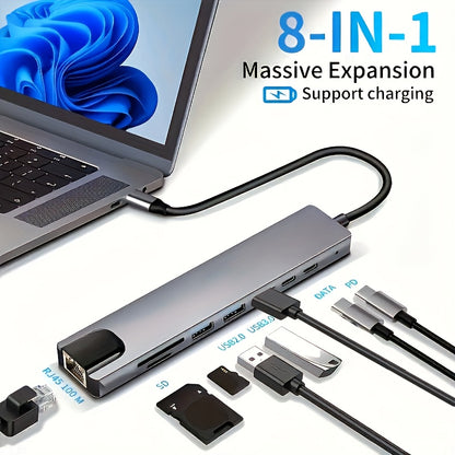 8-in-1 Multi-Port Expansion Dock with USB-C to 4K HDTV Adapter, Ethernet, SD/TF Card Reader, Quick Charging, and USB 3.0/A Ports for MacBook and Windows Laptops.