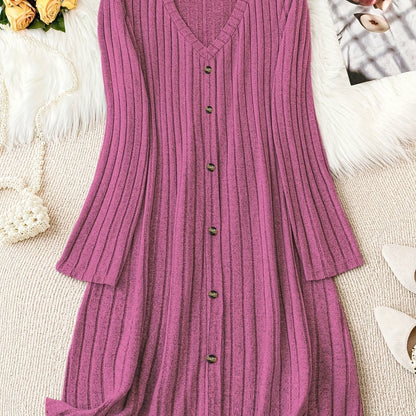 Solid color V-neck long sleeve dress made of stretchy polyester blend, perfect for casual fall/winter wear for women.