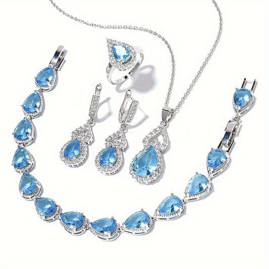 Stylish 5-Piece Synthetic Zircon Jewelry Set for Women - Hypoallergenic Copper Necklace, Ring, Earrings, Pendant Chain in Platinum-Plated Finish. Perfect for Weddings, Banquets, and Valentine's Day Gift. Timeless Design.