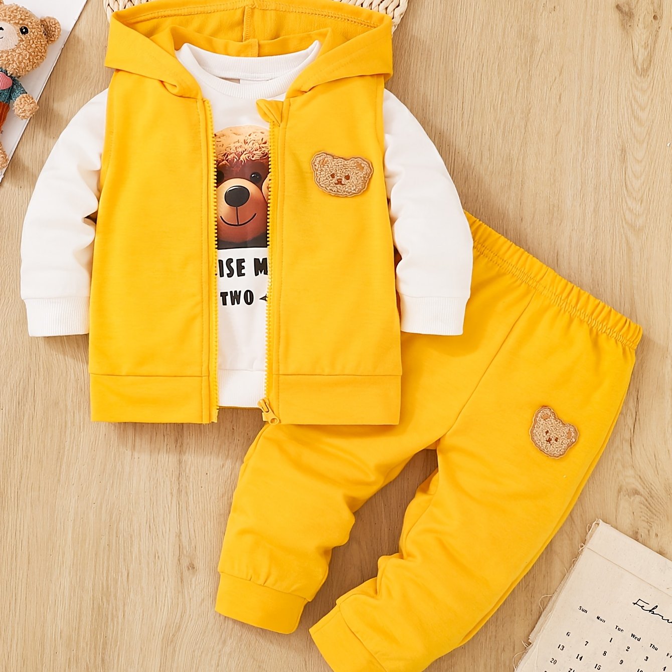 Children's 3-piece Boy Bear Embroidery Set including hooded vest, sweatshirt, and pants. Perfect for spring and autumn outdoor wear, great as a gift.