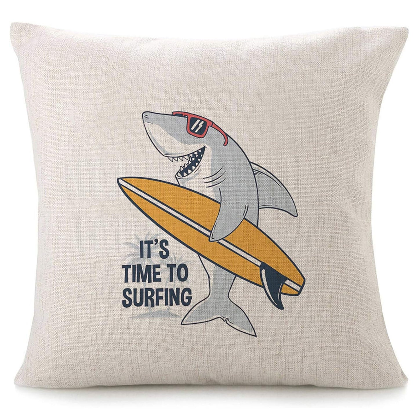 Modern Surfing Shark Linen Throw Pillow Cover with Zipper Closure - Machine Washable, Features Cartoon Fish Ocean Theme, Perfect Decorative Cushion Case for Any Room - Single Sided Print, 1 Piece