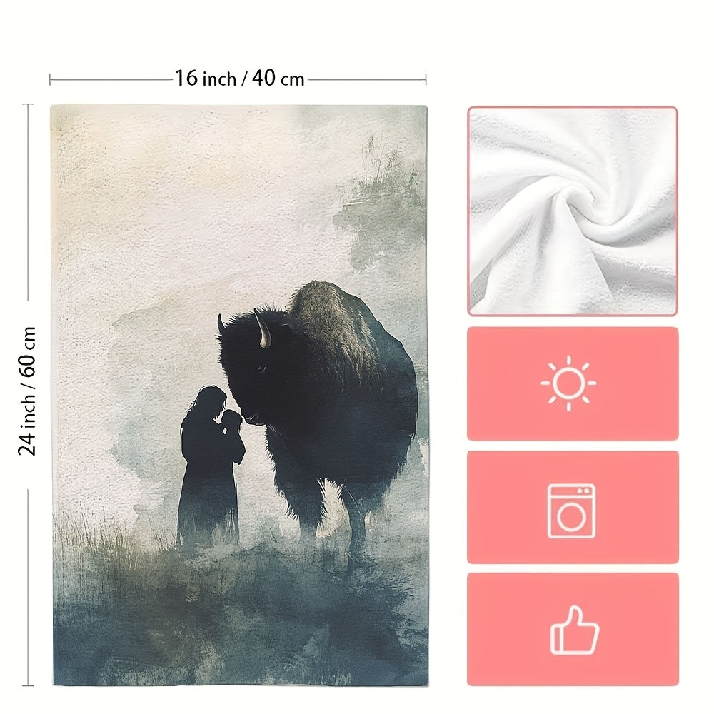 Set of 2 Ultra Soft Kitchen Towels featuring a Watercolor Bison and Human Silhouette Design. Made with highly absorbent polyester, these dish hand towels are machine washable and measure 40.64x60.96 cm. Perfect for adding a touch of holiday decor to your