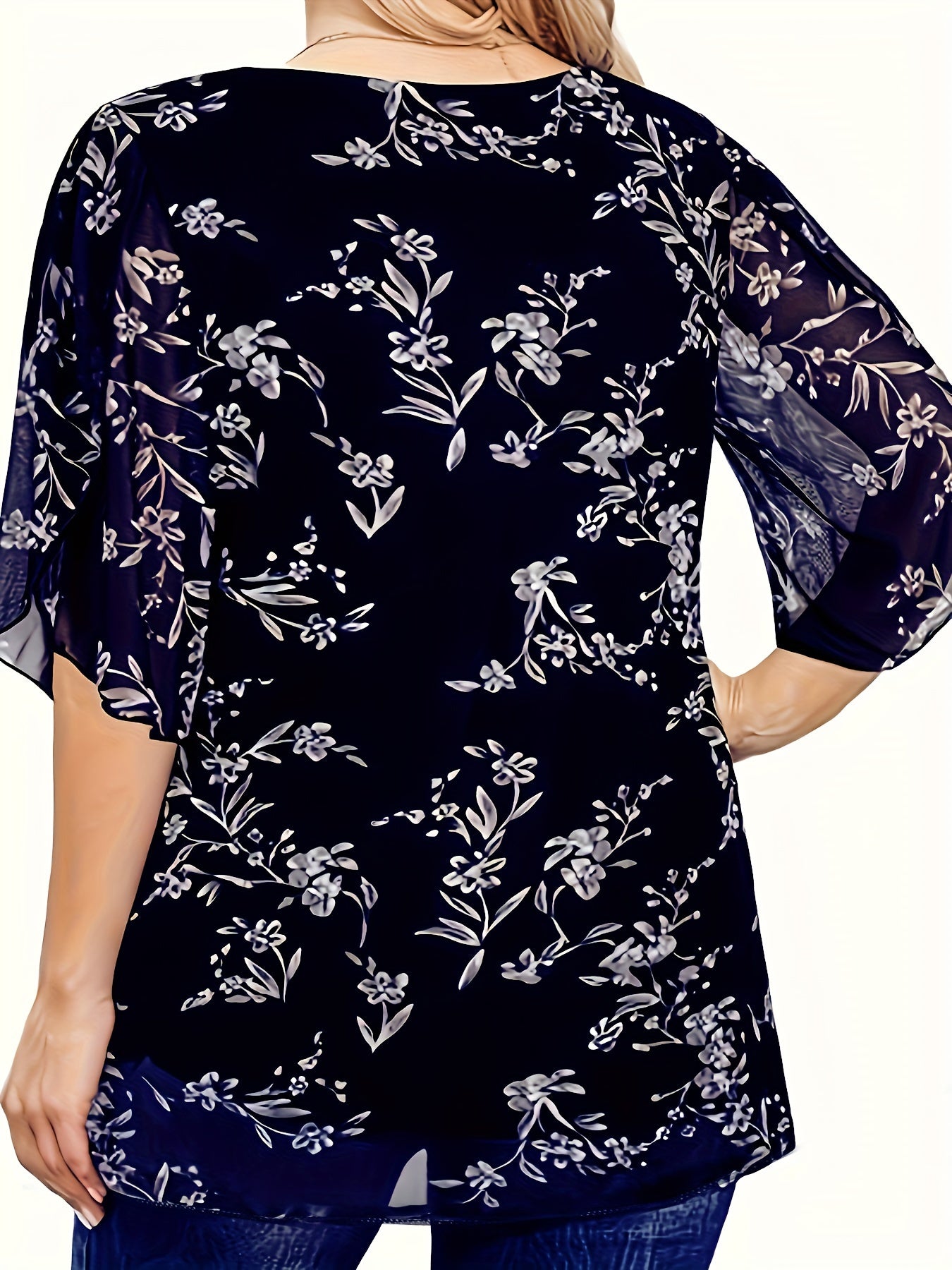 Chic black floral chiffon blouse with ruffle sleeves for summer, machine washable and semi-sheer.