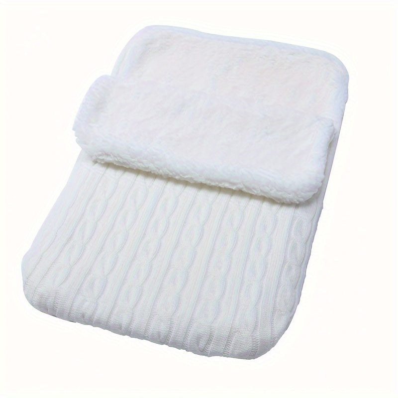 Machine washable baby foot cover with knitted microfiber filling for warmth and comfort.