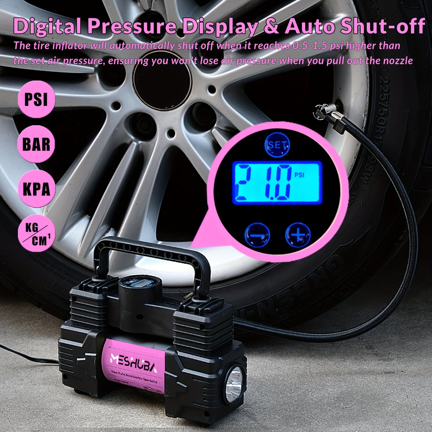 MESHUBA Tire Inflator: 12V Portable Air Compressor with 150PSI Digital Pressure Gauge for Car, Bike, and Ball, Purple