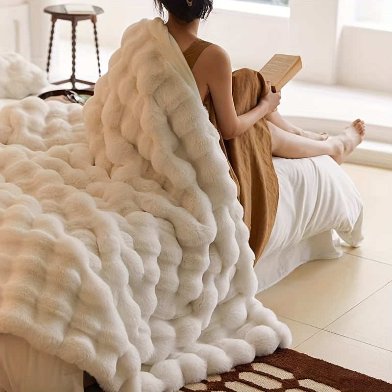 Soft and Cozy Plush Throw Blanket - Luxuriously Thick and Reversible Bubble Fleece Ideal for Travel, Sofa, Bed, and Home Decor - Easy Care, All-Season Comfort in White - Machine Washable.