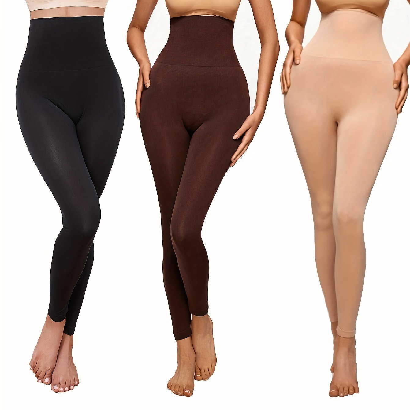 3 high waist shaping leggings for women in black, beige, and brownish-orange. Made of a lightweight, stretchy nylon/elastane blend for a slimming, comfortable fit.