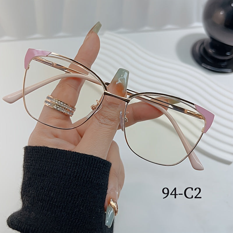 Women's fashion cat eye blue light blocking glasses with metal frame, oval shape, chic design, non-prescription, includes shell case, universal fit.