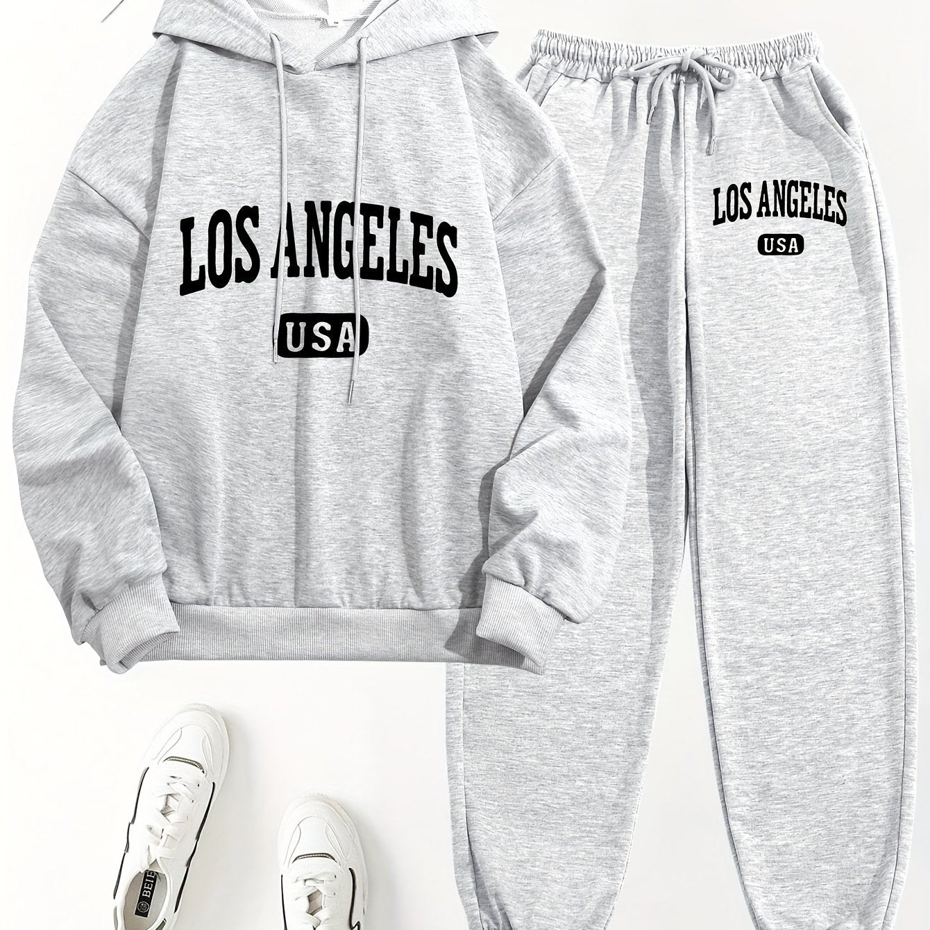 Los Angeles two-piece set includes letter print long sleeve hoodie and drawstring sweatpants for women.