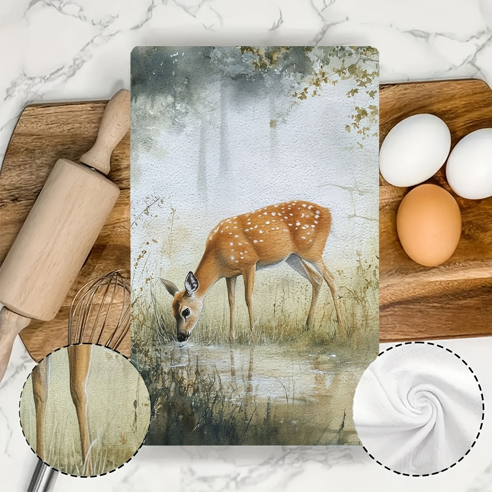 Set of 2 Ultra Soft Kitchen Towels featuring a Serene Deer Grazing Scene. These highly absorbent and machine washable dish hand towels are in a Contemporary Style, measuring 40.64x60.96 cm. Perfect for Holiday Decor and ideal for use as dish towels.