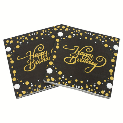 20 Black napkins (33.02cmx33.02cm) with gold Happy Birthday pattern, ideal for events such as weddings, anniversaries, and birthdays.