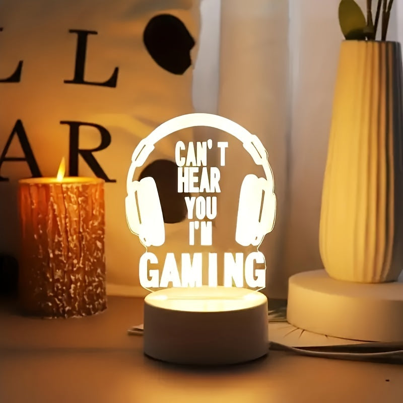 Modern USB-powered 3D gaming headset LED night light with striped design, ideal for desk and bedside decor - the perfect gift for gamers.