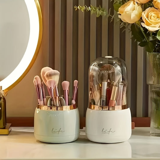 High-end 360-Degree Rotating Makeup Organizer with Dustproof compartments for Brushes, Lipsticks, and Eyebrow Pencils - Ideal for Bathroom Vanity.