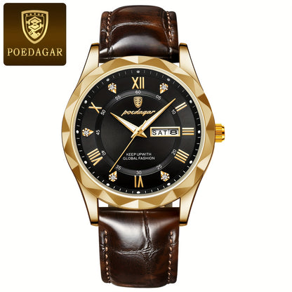 Men's casual waterproof luminous dual calendar quartz watch with round alloy case, PU leather strap, analog display, and 3ATM dive resistance.