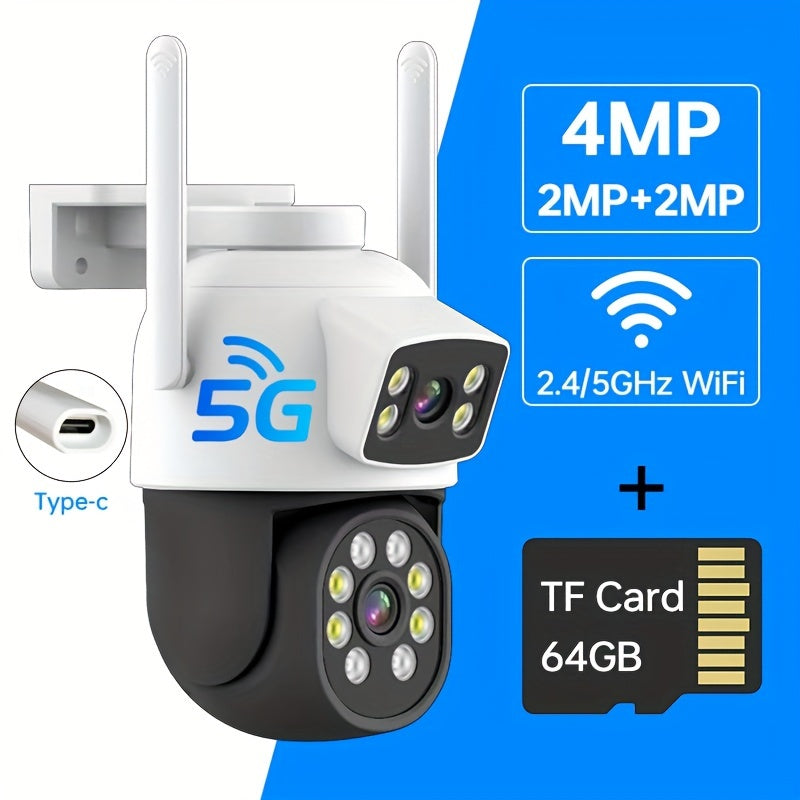 Dual lens 4MP CCTV camera with outdoor wireless PTZ capabilities. Features motion tracking, color night vision, two-way audio, and smartphone app access. Suitable for use with youngsters