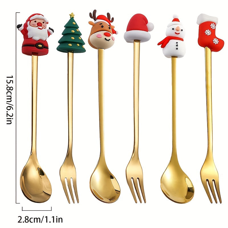 Set of 4/6 Christmas-themed stainless steel coffee spoons and forks in a red or green gift box for stirring beverages and desserts.