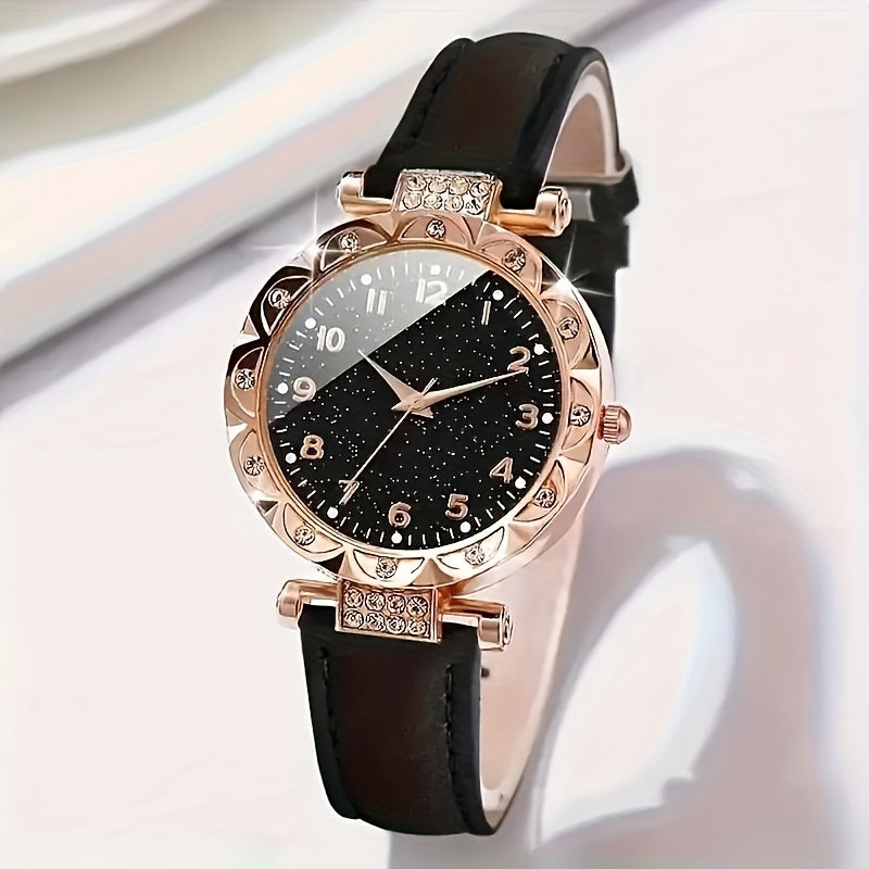 Chic 5-piece women's set includes starry sky quartz watch with oval jewelry, zinc alloy case, PU leather strap, and analog display. Ideal gift for Ramadan and Mother's Day.