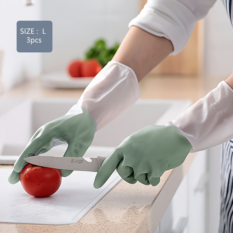 Three pairs of high-quality household cleaning gloves for premium protection. These waterproof kitchen gloves are perfect for dishwashing and other housework tasks. Their non-slip design makes them ideal for a variety of cleaning tasks, including laundry