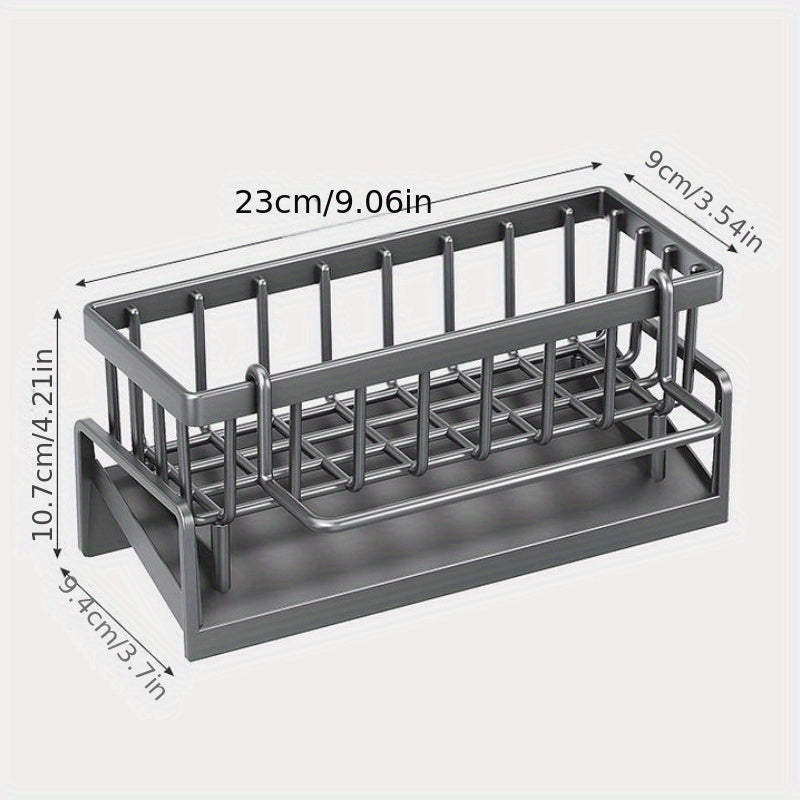 Kitchen storage rack with towel bar, made of black metal, foldable design. Ideal for organizing sponge, detergent, and cleaning tools. Features a classic design, no electricity required, made of plastic material. Perfect for kitchen organization and