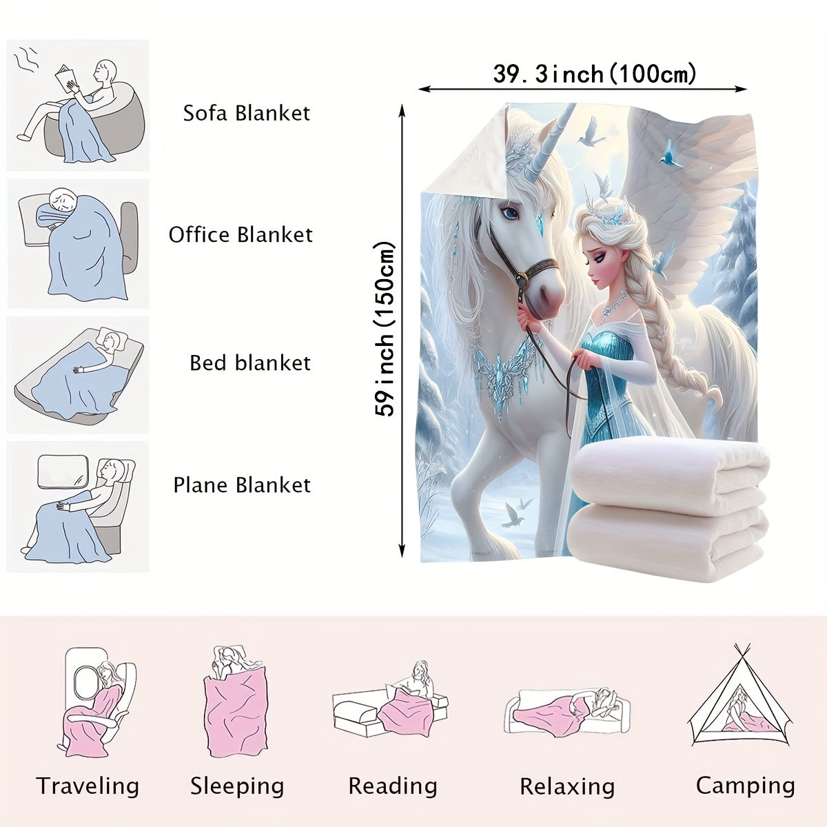 High-necked Unicorn Snow And Ice Art Blanket - versatile for use as a carpet, bed blanket, towel quilt, nap blanket, casual blanket, travel blanket, or throw blanket.