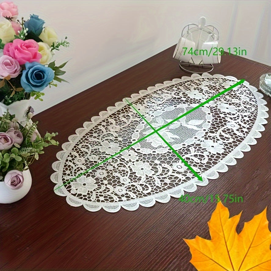 Polyester placemats with white lace embroidery, Nordic-style table decoration mat for coffee table, household bowl or plate decor, enhancing home decoration.