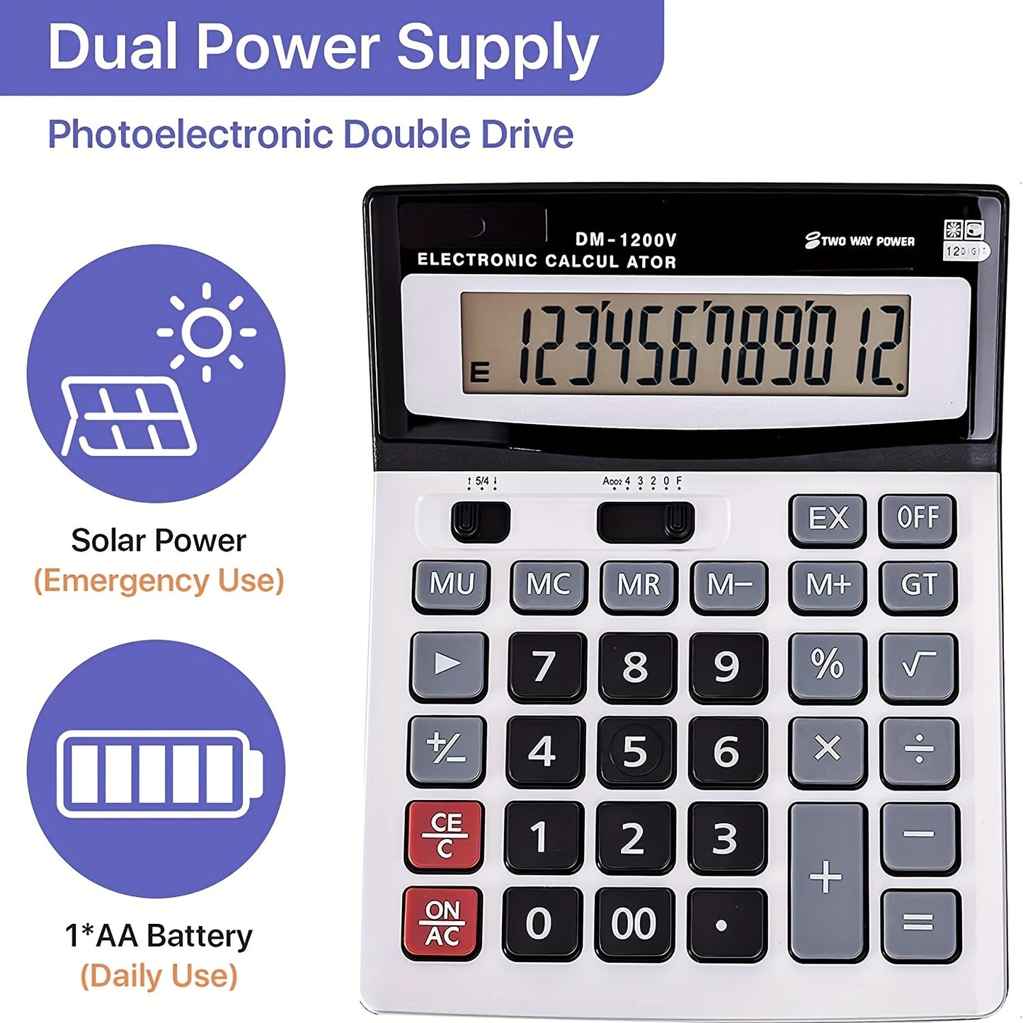 Desktop calculator with large display, big buttons, dual power, and 12-digit capacity.