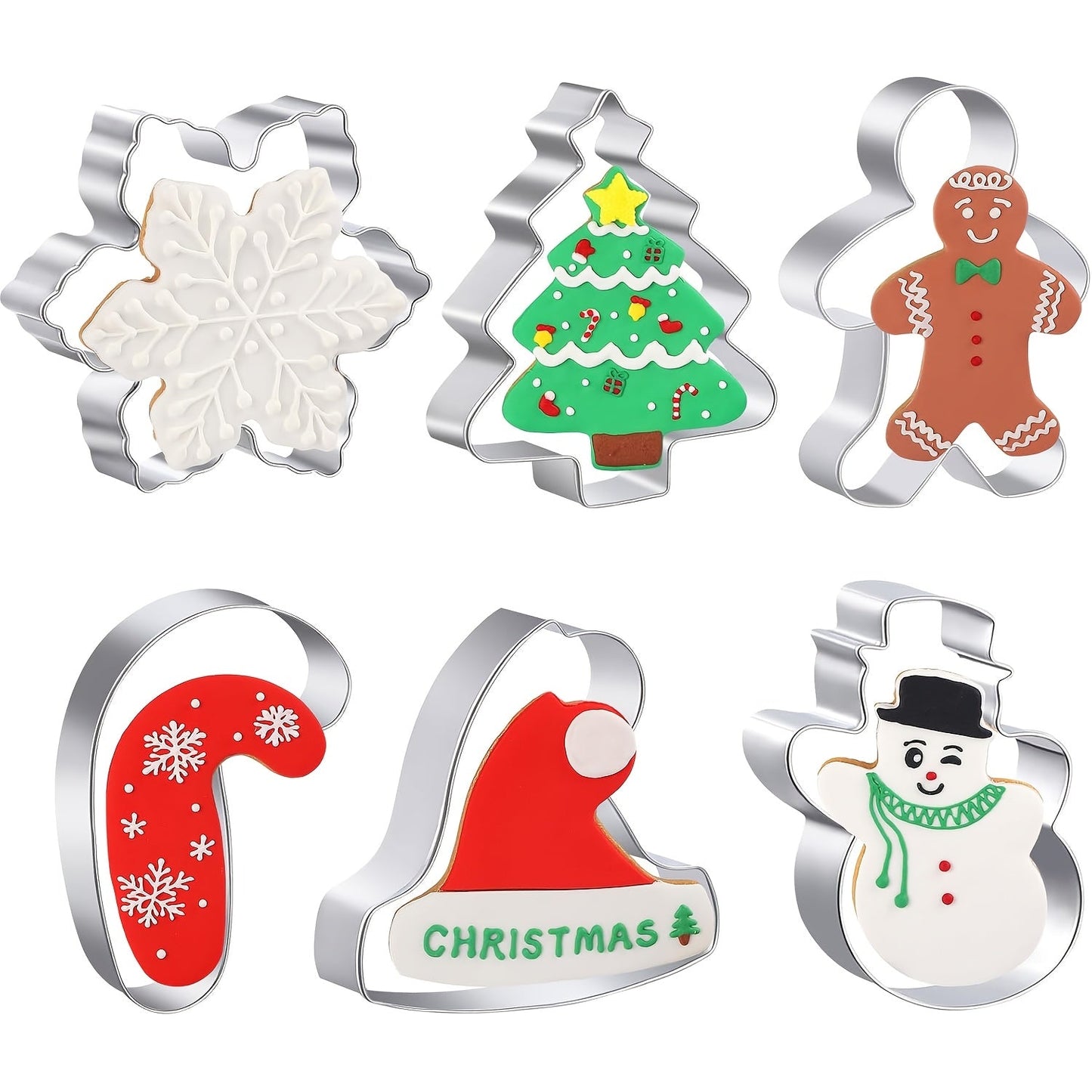 6-piece set of Christmas cookie cutters made of stainless steel, perfect for making biscuits and pastries. These baking tools are essential kitchen accessories for anyone who loves to bake cookies. Perfect for baking delicious treats during the holiday