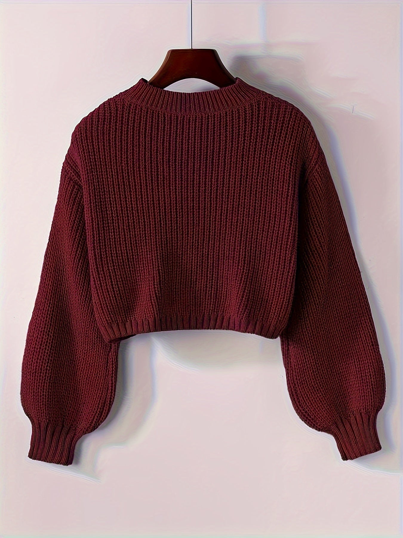 Solid color crew neck knit sweater, casual long sleeve crop pullover for fall & winter, women's clothing.