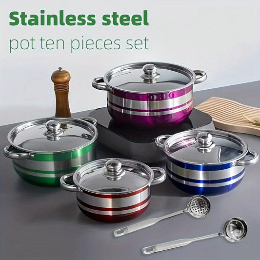 Stainless Steel Cookware Set - Includes 10 Pieces with Lids & Spoons - Features Multi-Color Design, Compatible with Induction & Gas Stoves - Ideal for Cooking Soups, Hot Pots, Noodles & Seafood