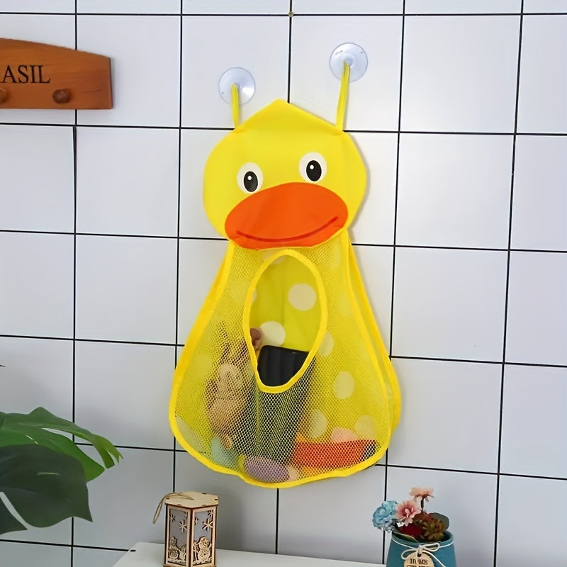 Large capacity mesh storage bag featuring cartoon animal designs, including a duck, frog, tiger, and panda. Comes in a 1-piece set with suction cups for hanging. Can be used for storing toys or other items. Measures 39.98 * 31.98 cm.