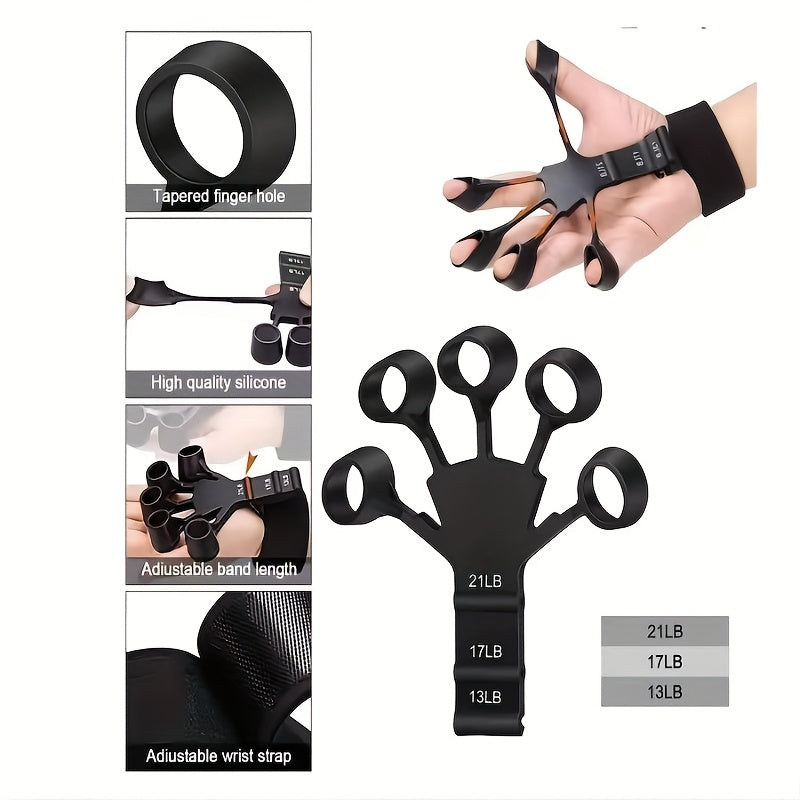 Silicone finger trainer and wrist strengthener with 5-finger cutout design for basketball training.