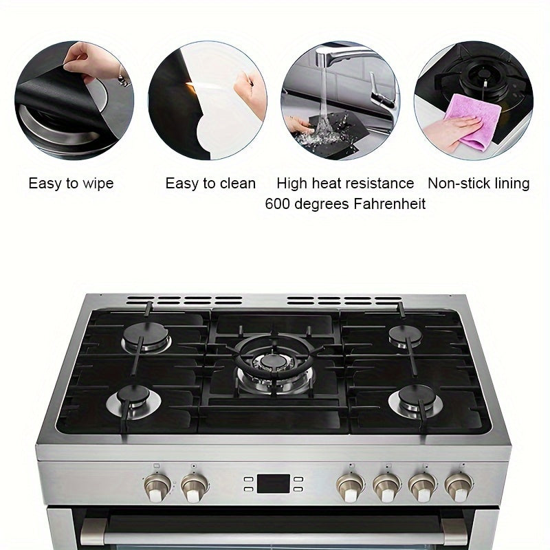 3-pack of gas stove protectors that are highly resistant to high temperatures, measuring at 0.2mm thickness. These mats are easy to clean, reusable, and made of PTFE material. They serve as a protective barrier for your stove, keeping it oil and dirt