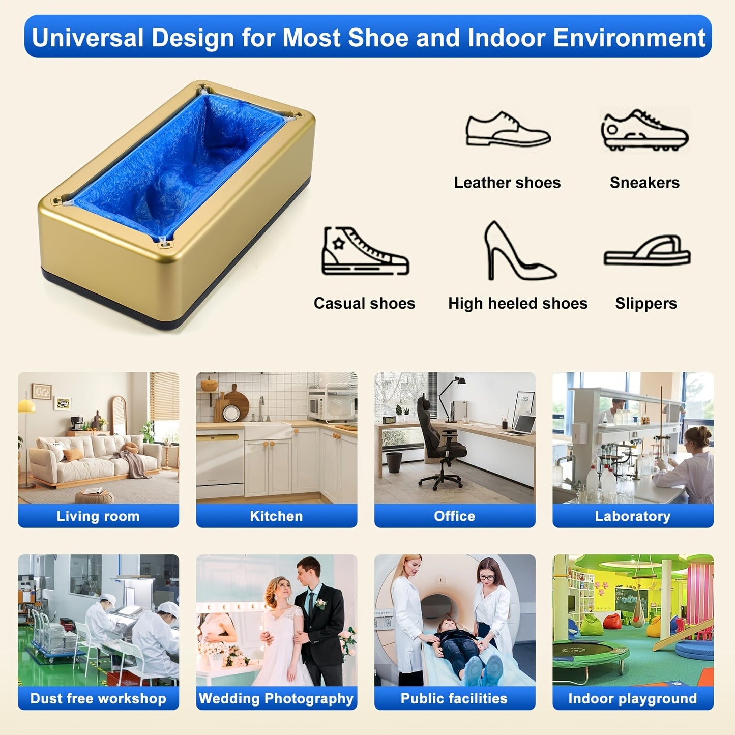 Automatic shoe cover dispenser made of durable plastic carbon fiber ABS with a steel frame, suitable for home and office use with golden finish.