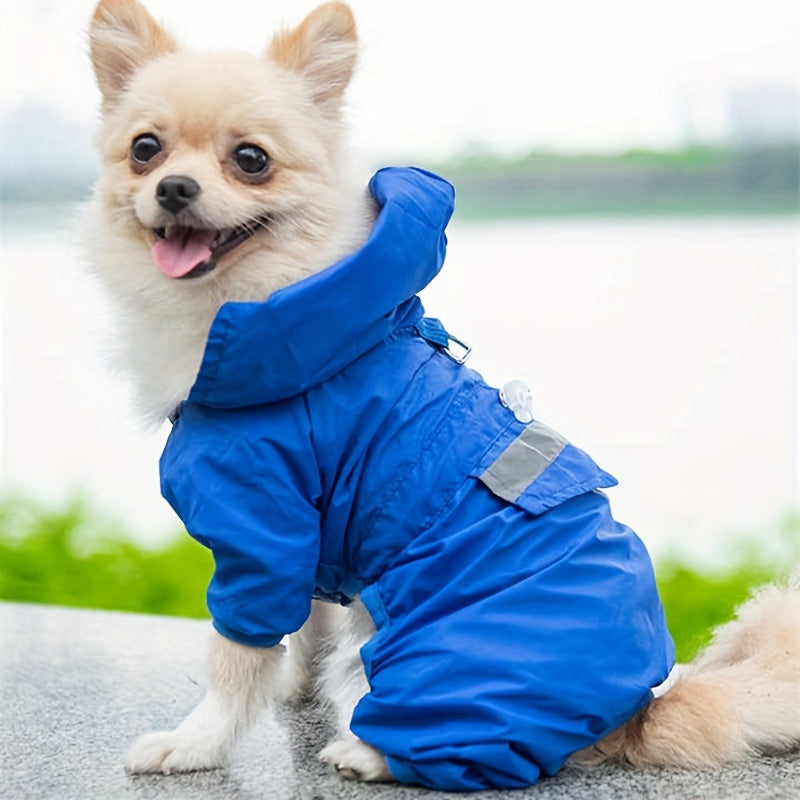 Waterproof reflective dog raincoat with snap buttons, stretch fabric. Suitable for small to medium breeds, hand wash only. Hooded, water resistant.